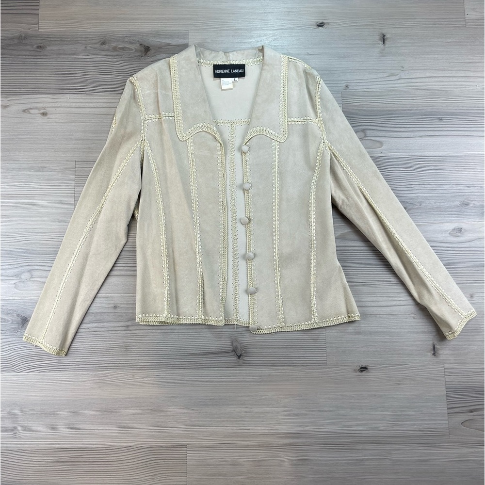 Adrienne Landau 100% Suede Paneled Jacket with Crochet Trim Detail Size L